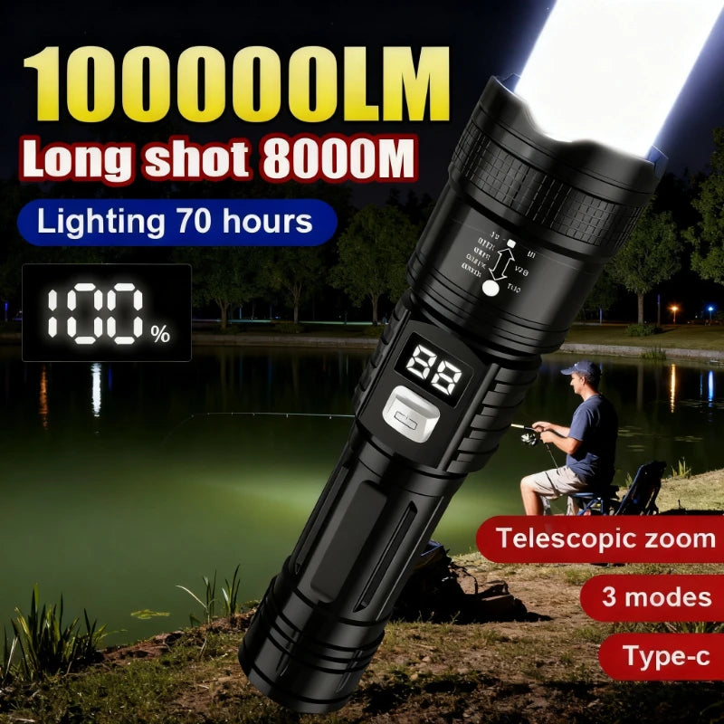 Superljus Ficklampa – 100 000LM Uppladdningsbar LED-lampa för Fiske & Camping